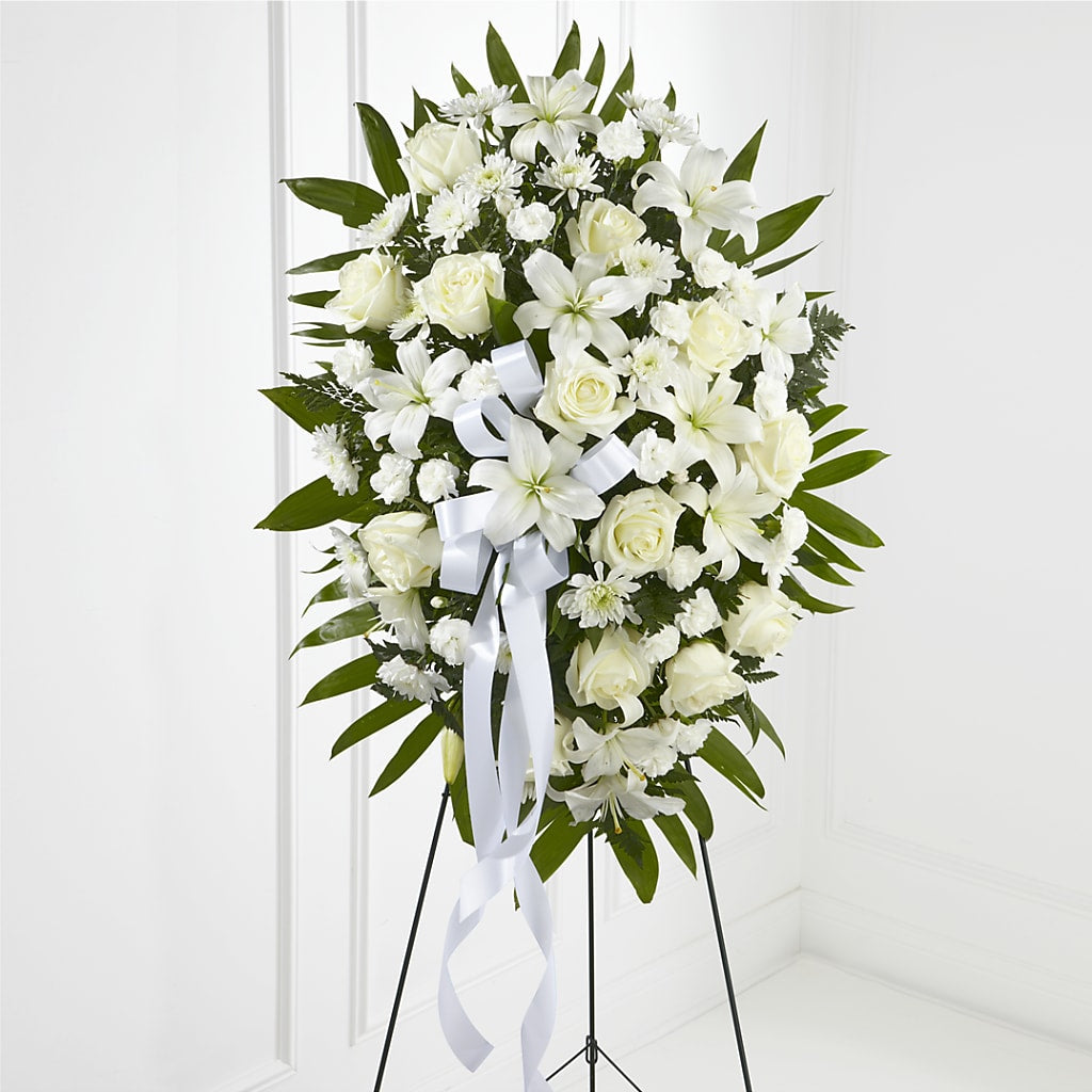 Exquisite Tribute Standing Spray-White Ribbon – Flowerland, Sioux City IA