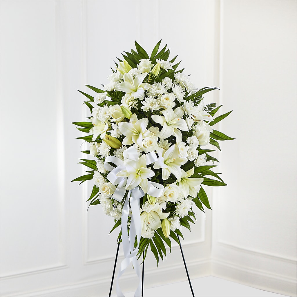 Exquisite Tribute Standing Spray-White Ribbon – Flowerland, Sioux City IA